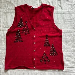 mercer st studio christmas knit vest embellished Beaded sz M holiday trees